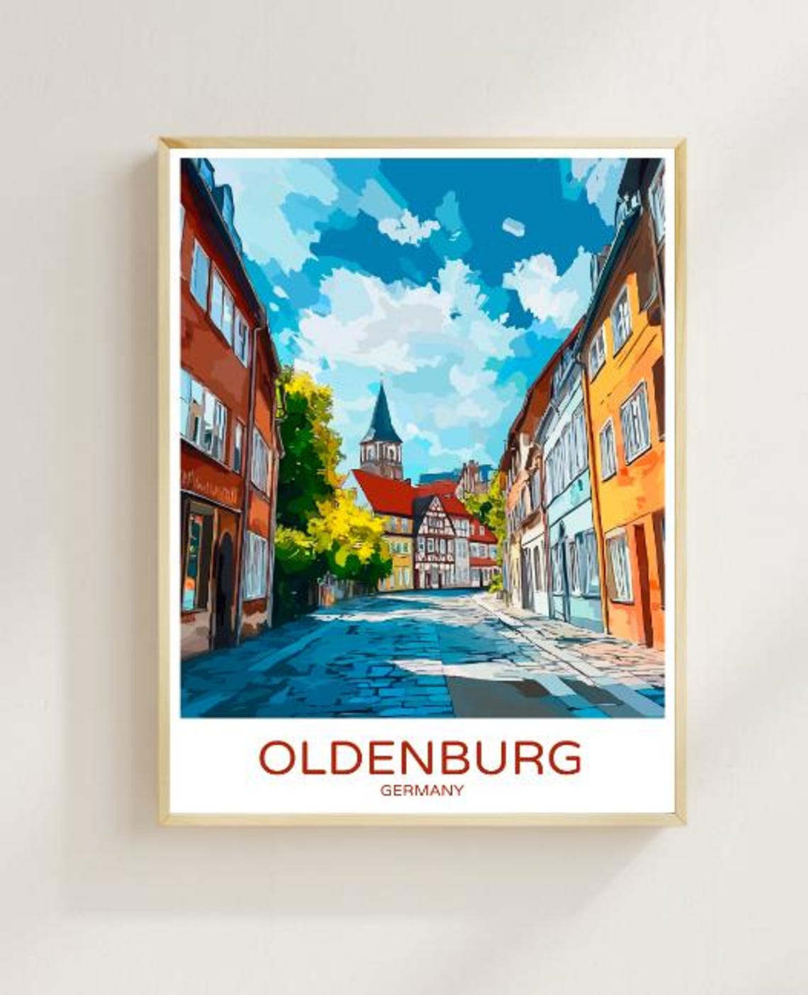 Oldenburg Germany Travel Poster Cobblestone Street And Church Tower