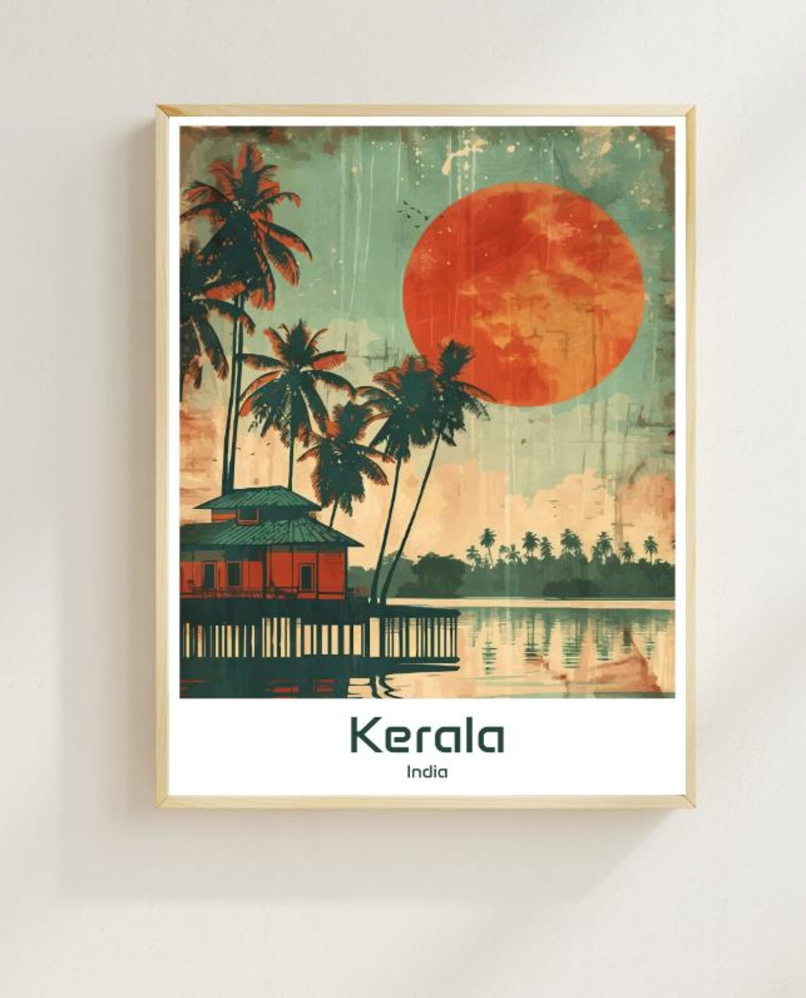 Kerala India Backwaters Palms Stilt House Big Sun Retro Travel Poster