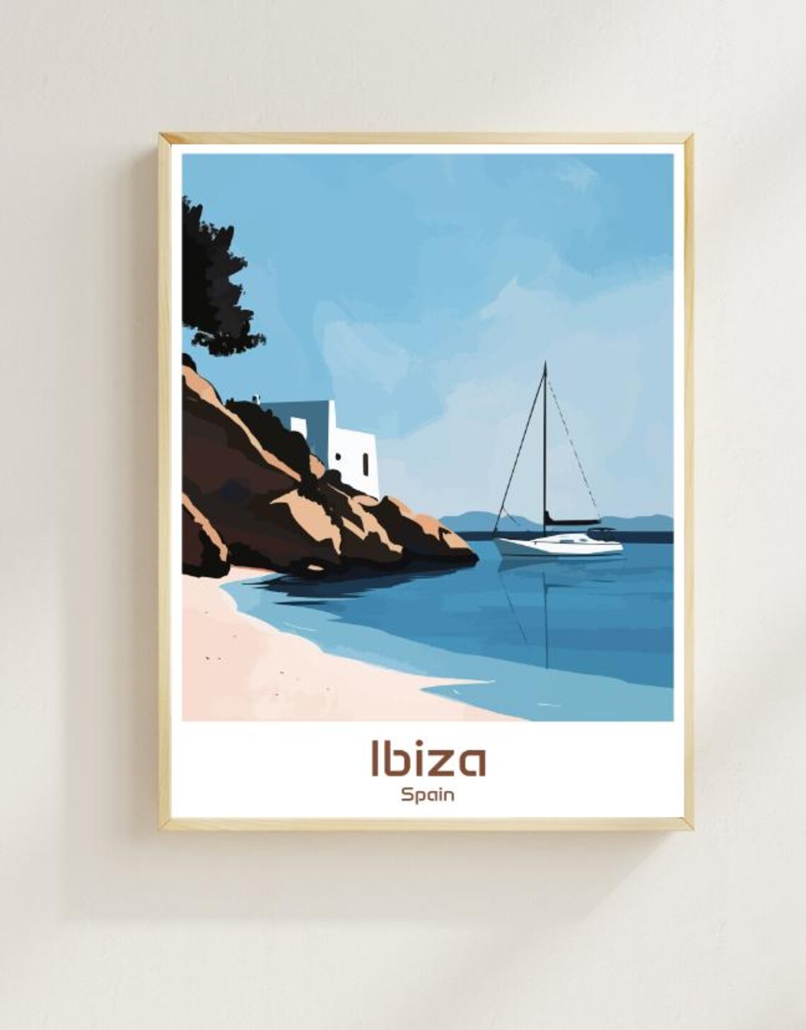 Ibiza Spain Rocky Cove Sailboat Sandy Beach Vintage Travel Poster