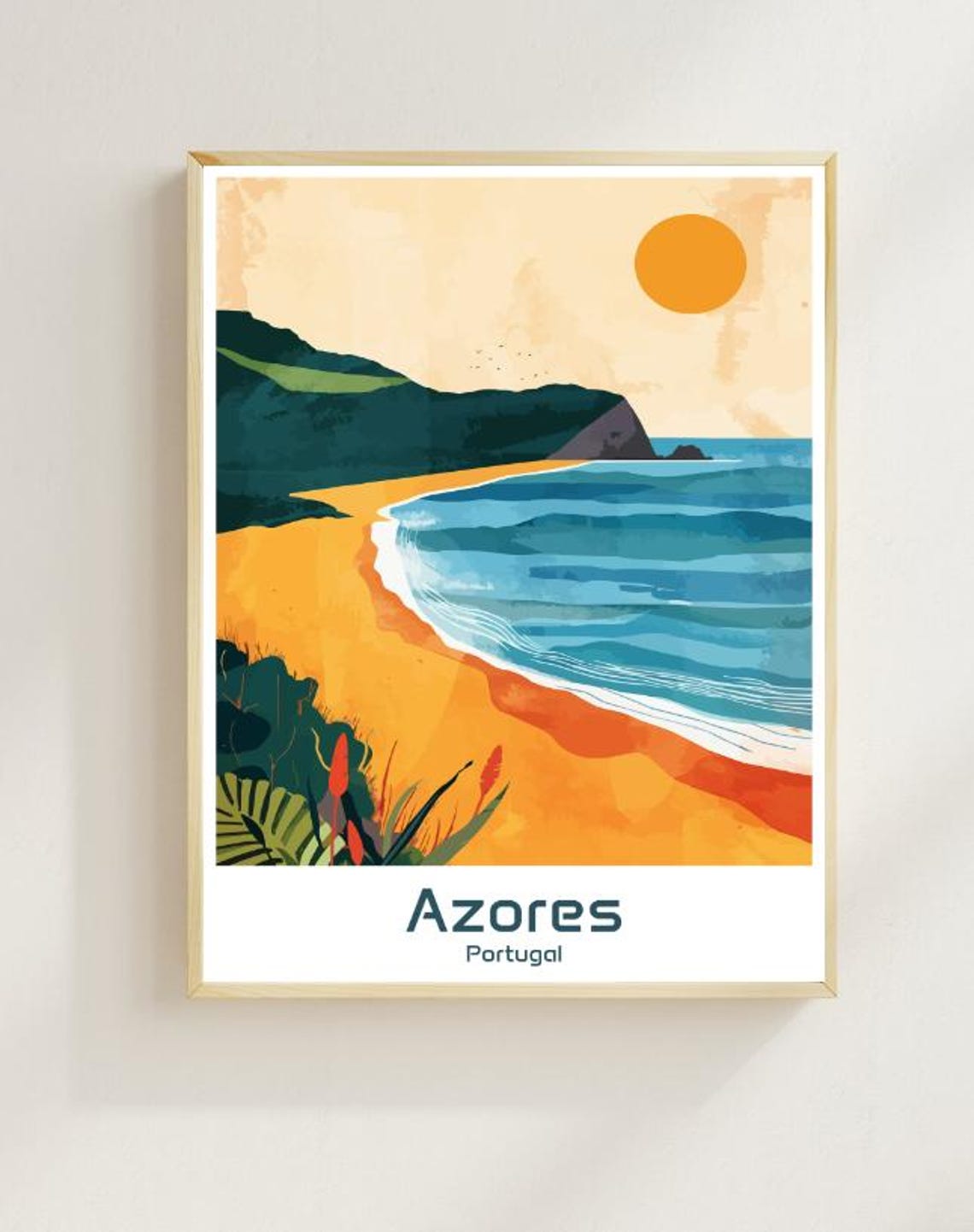 Azores Portugal Golden Beach Sunset Coastal Illustration Poster