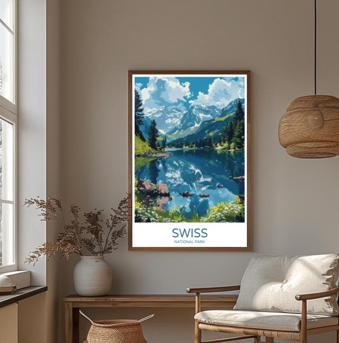 Swiss National Park Alpine Lake Wildflowers Colorful Travel Poster - Image 4