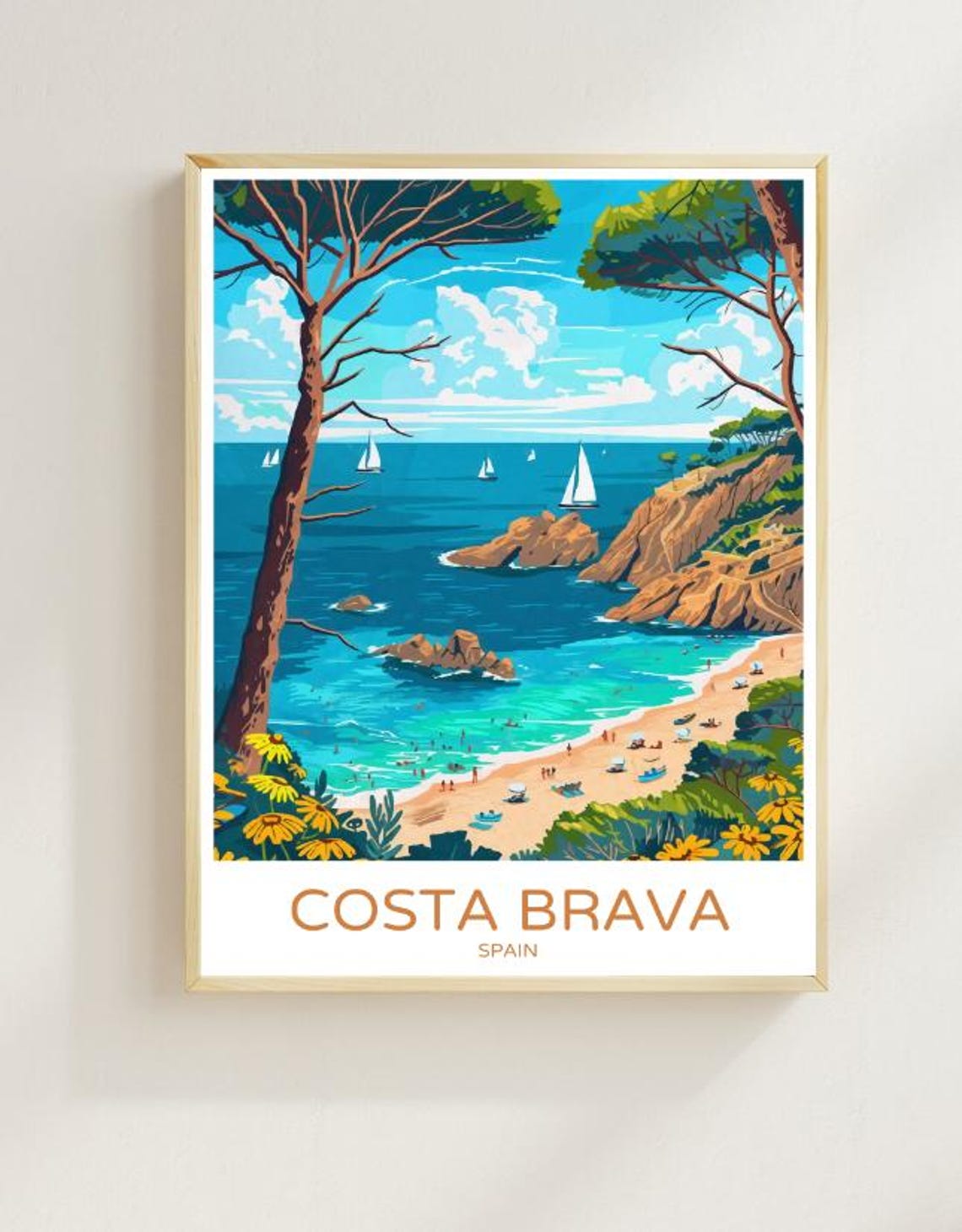 Costa Brava Spain Sailboat Cove Pine Cliffs Colorful Travel Poster