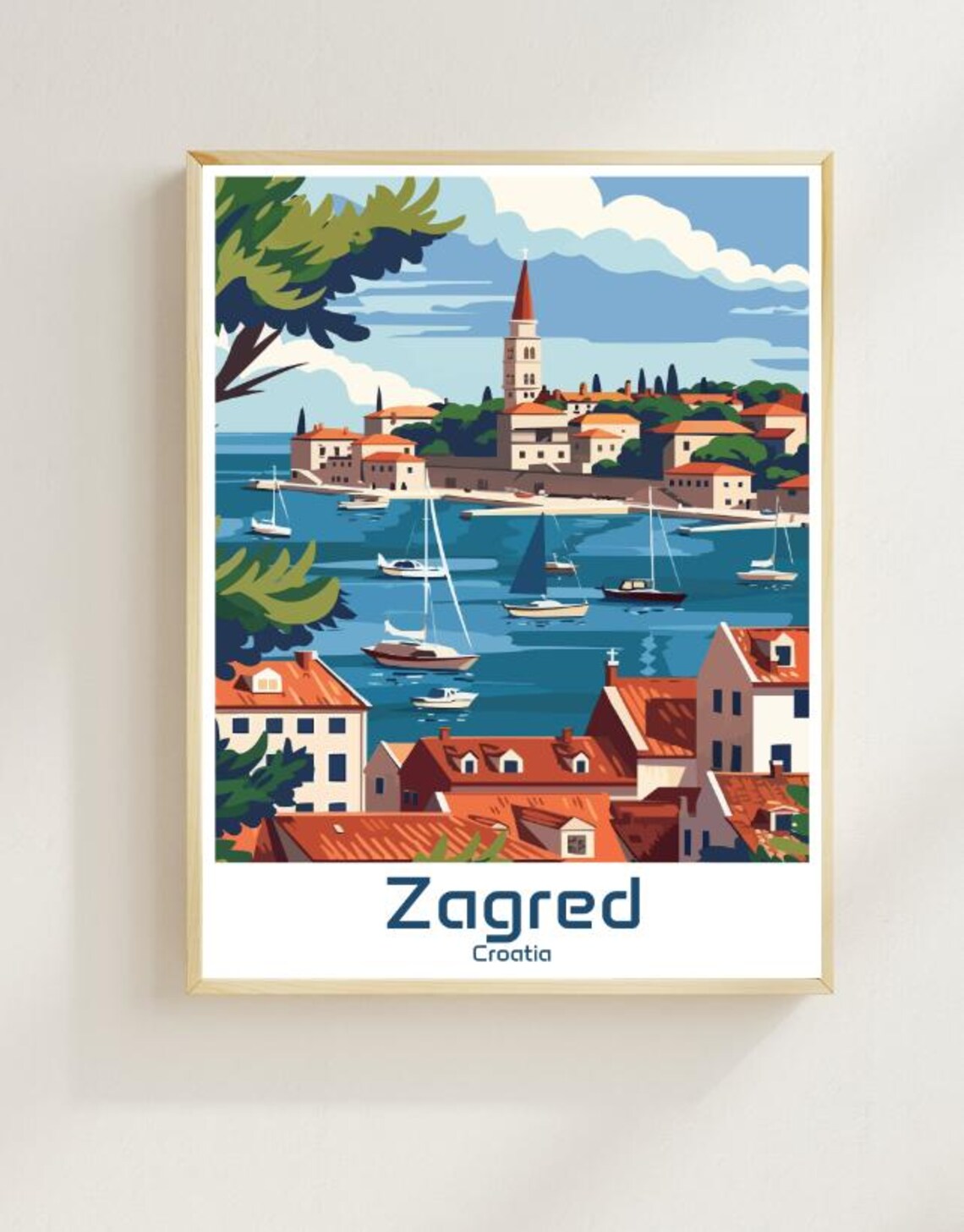Zagreb Croatia Harbour Boats And Red Roof Town Vintage Poster