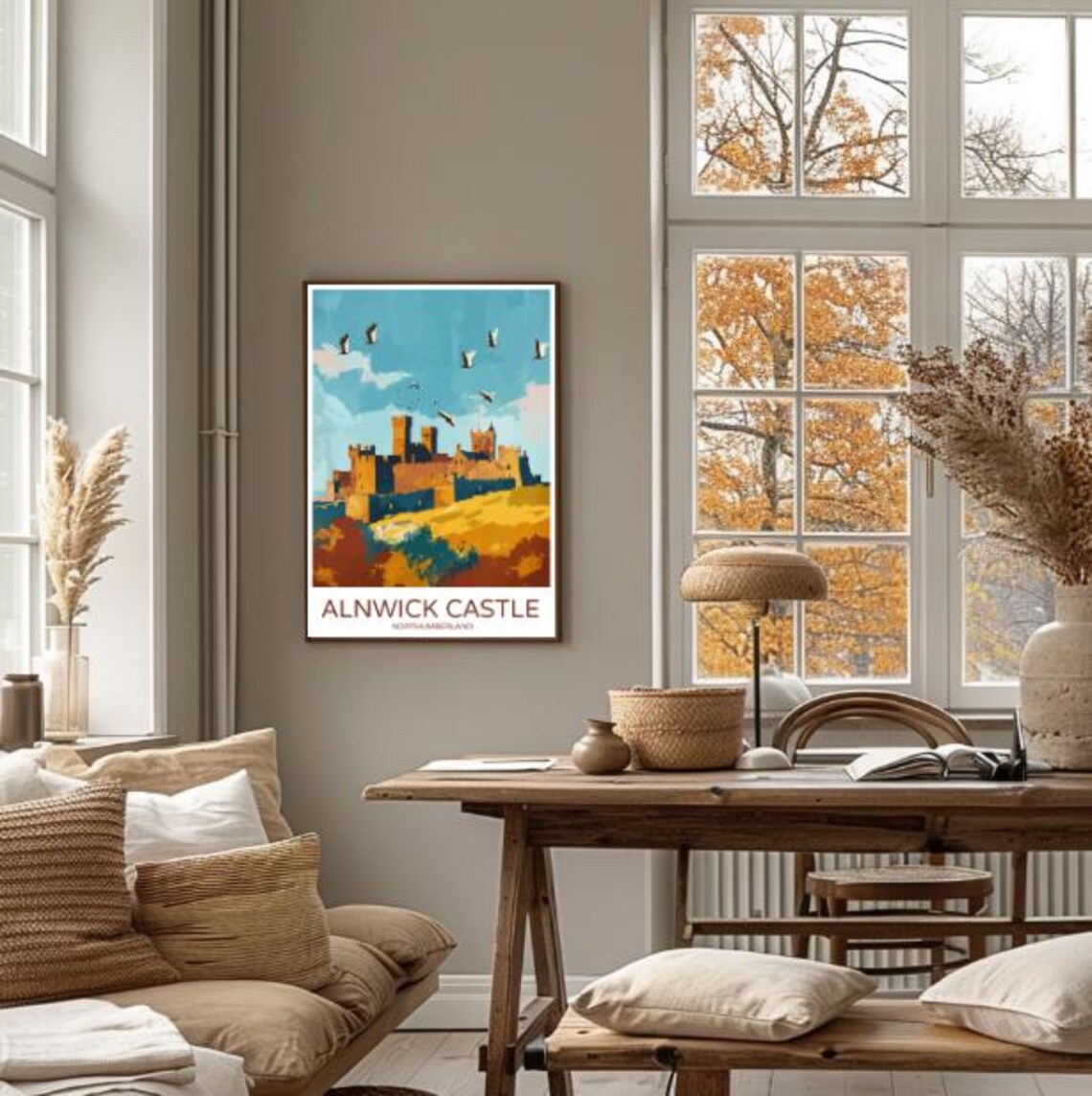 Alnwick Castle Northumberland Golden View Birds Travel Poster - Image 4