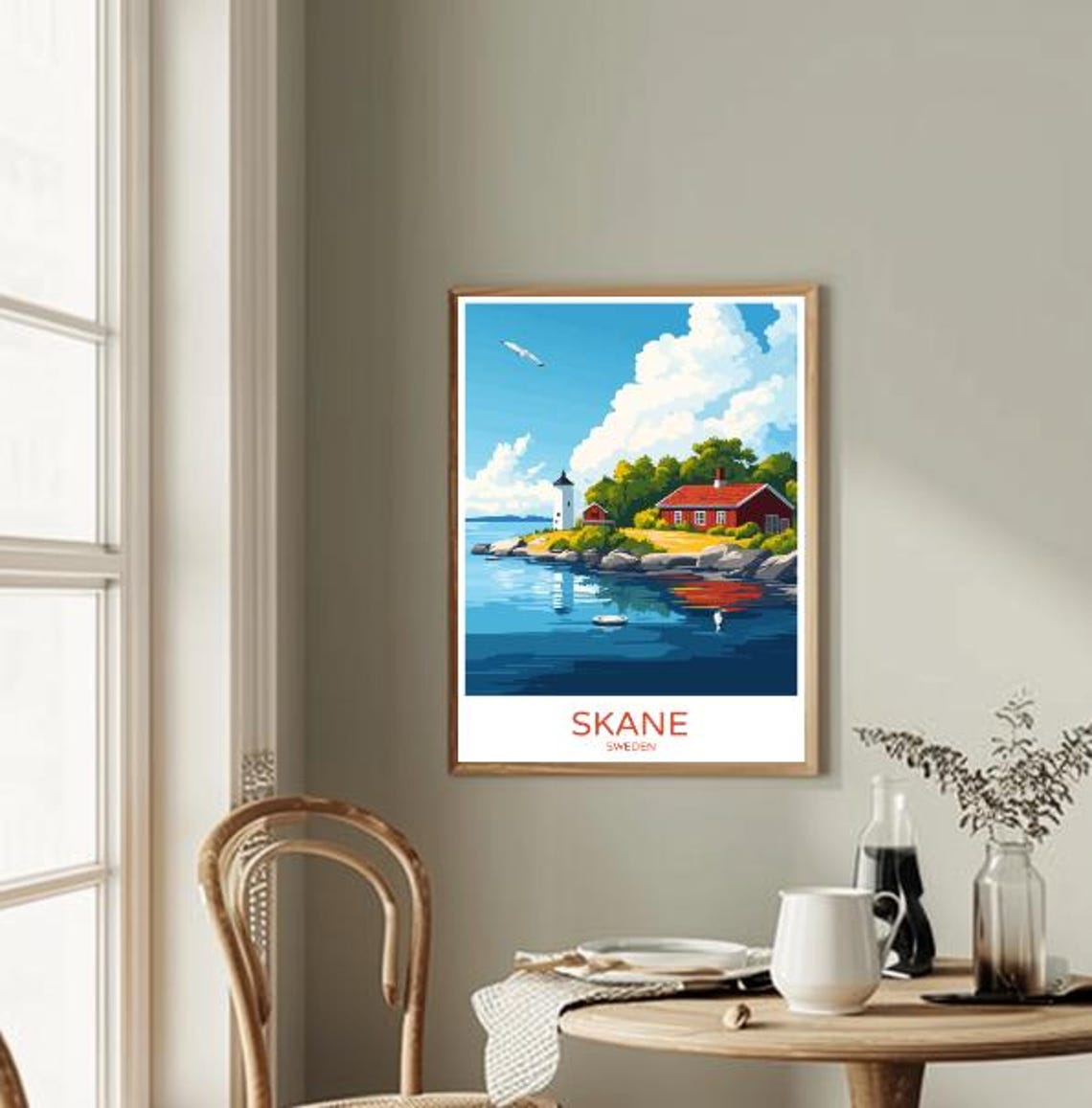 Skane Sweden Lighthouse With Red Cottage on Rocky Shores Poster - Image 2