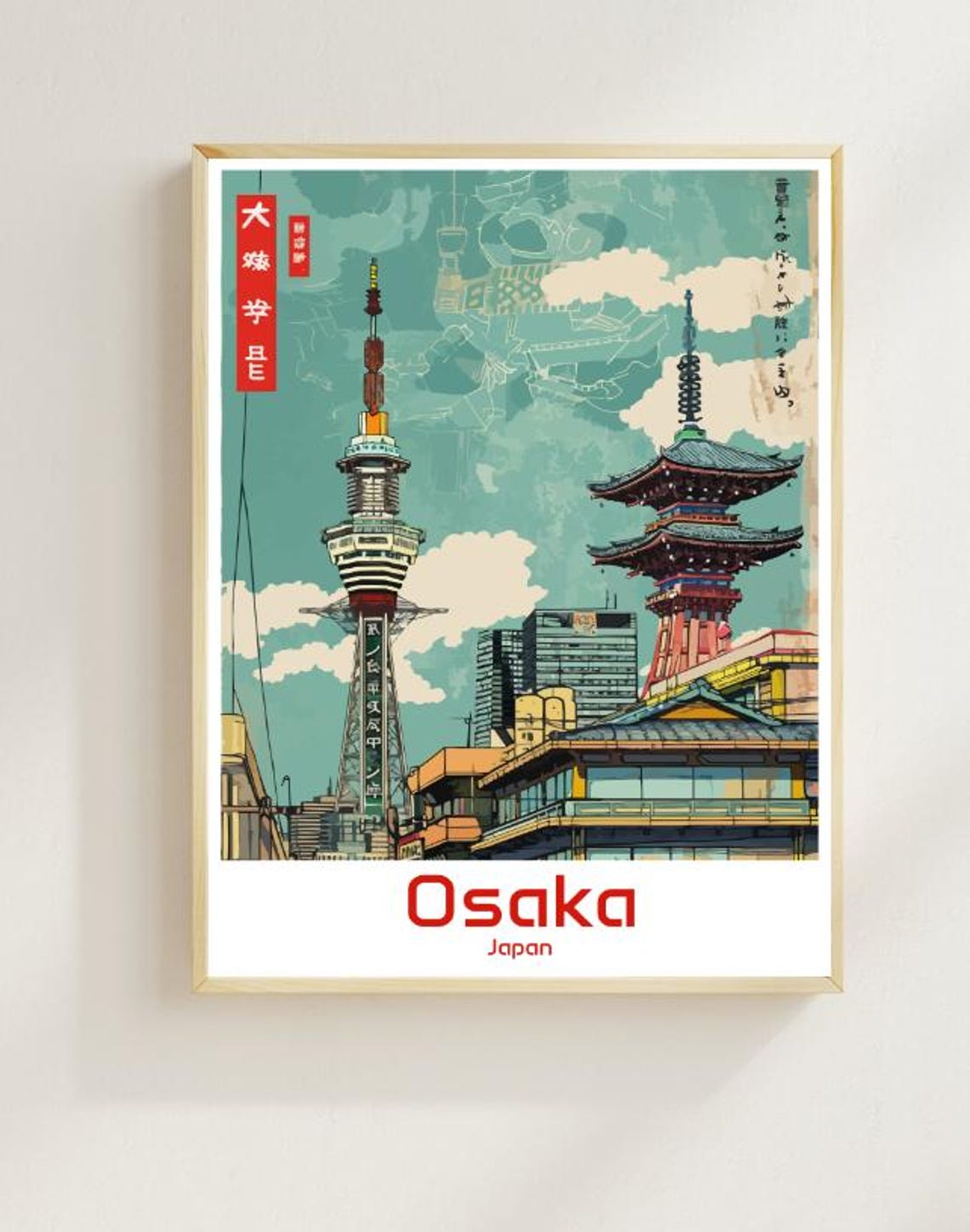 Osaka Japan Tsutenkaku Tower Pagoda Vintage Cityscape Poster