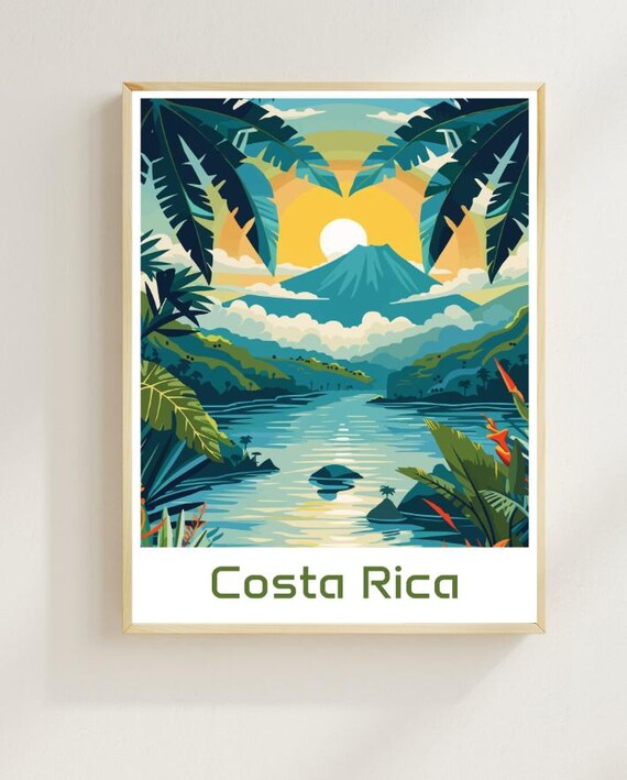 Costa Rica Volcano Rising Over Jungle River At Golden Sunrise Poster