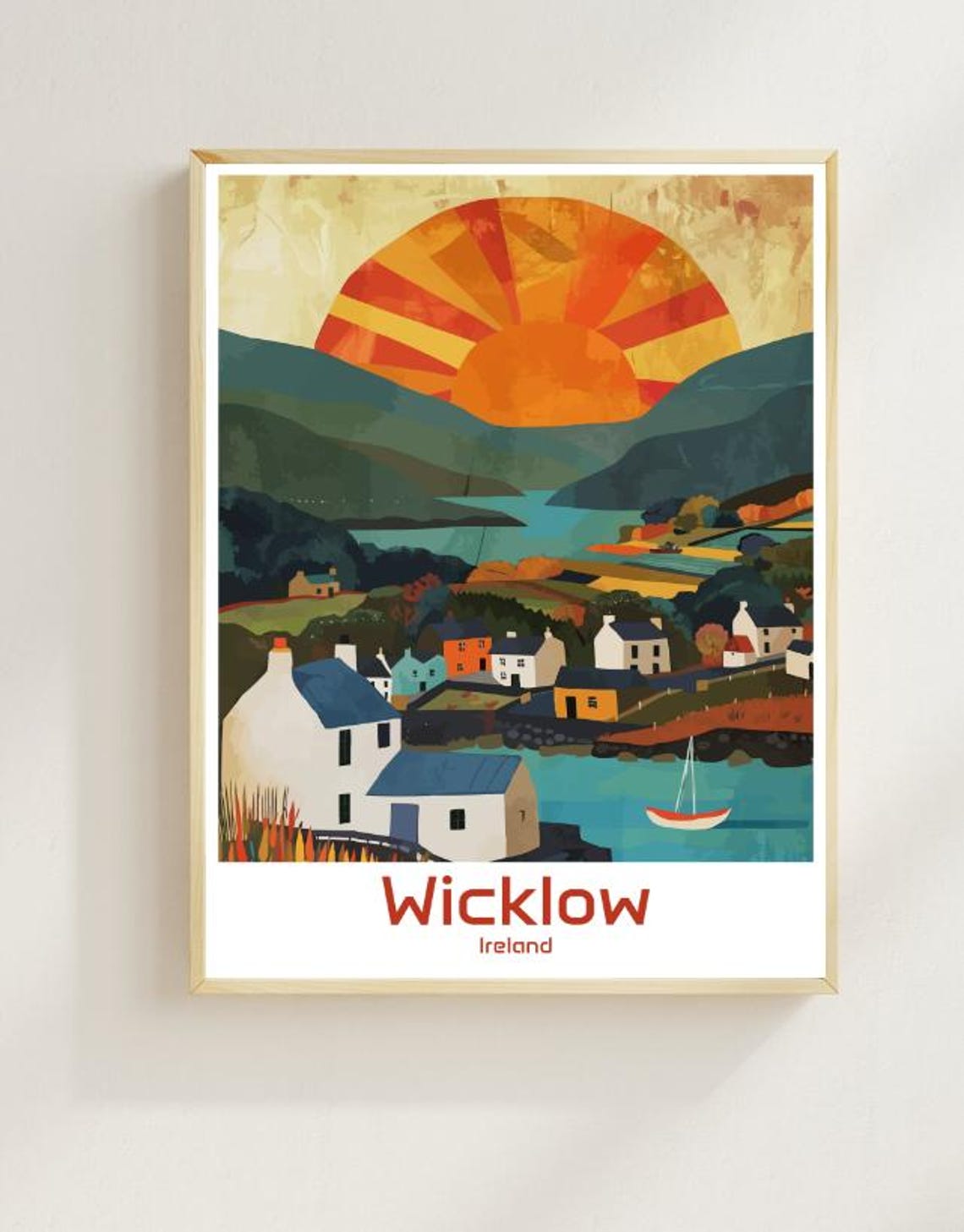 Wicklow Ireland Coastal Village Cottages Under Striped Sun Poster