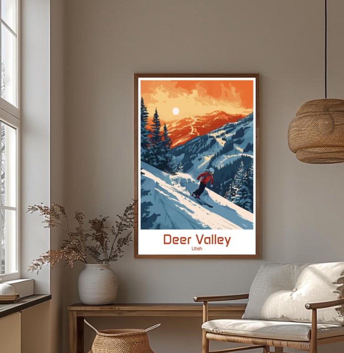 Vivid Deer Valley Utah Skier Sunset Snowy Slopes Scene Poster - Image 4