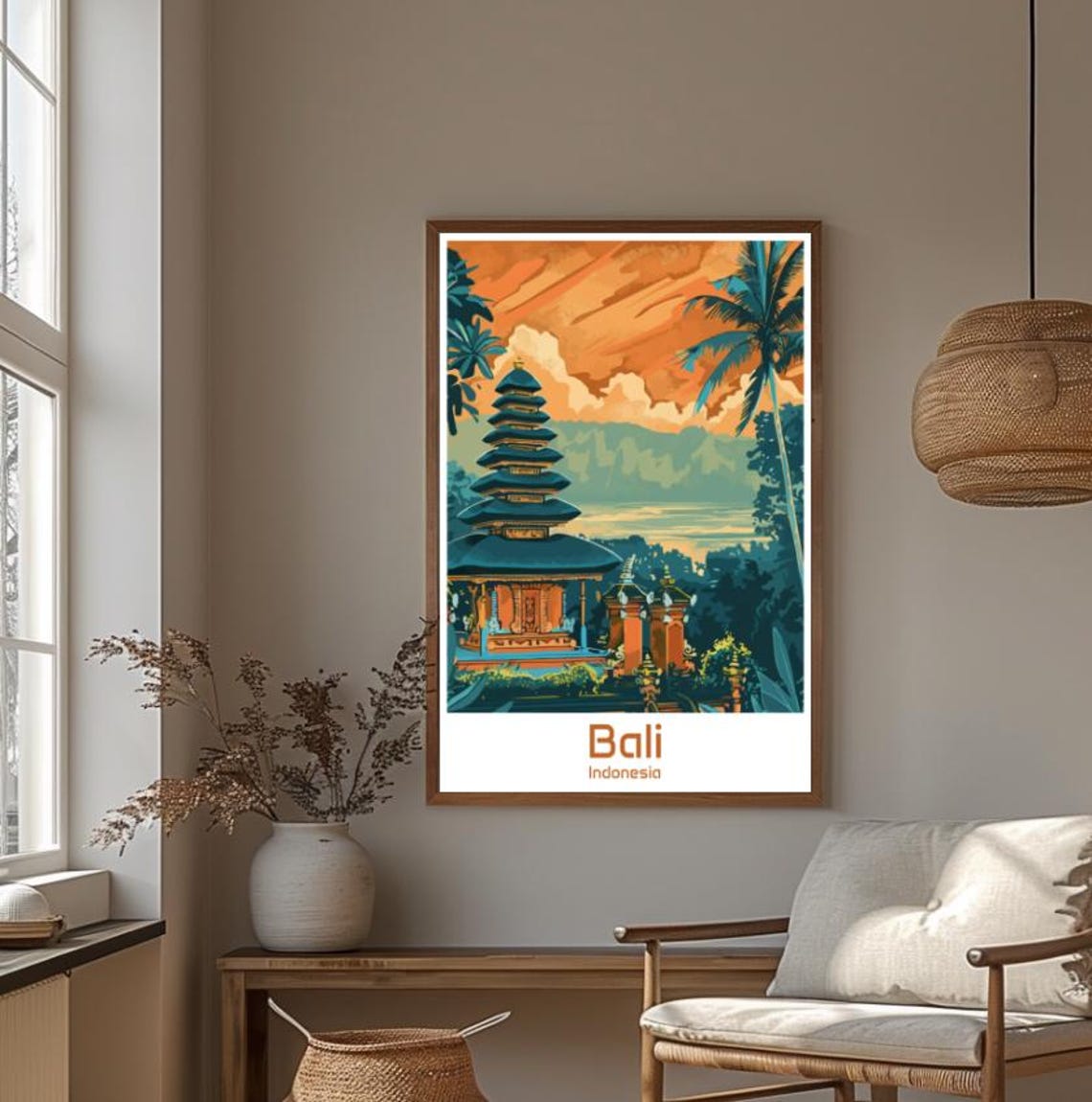 Bali Indonesia Tiered Temple Pagoda Among Palms At Sunset Poster - Image 4