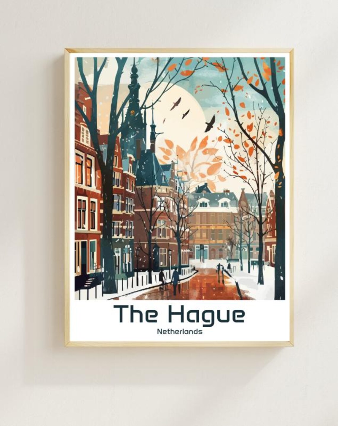 The Hague Netherlands Autumn Street Falling Leaves Moon Poster