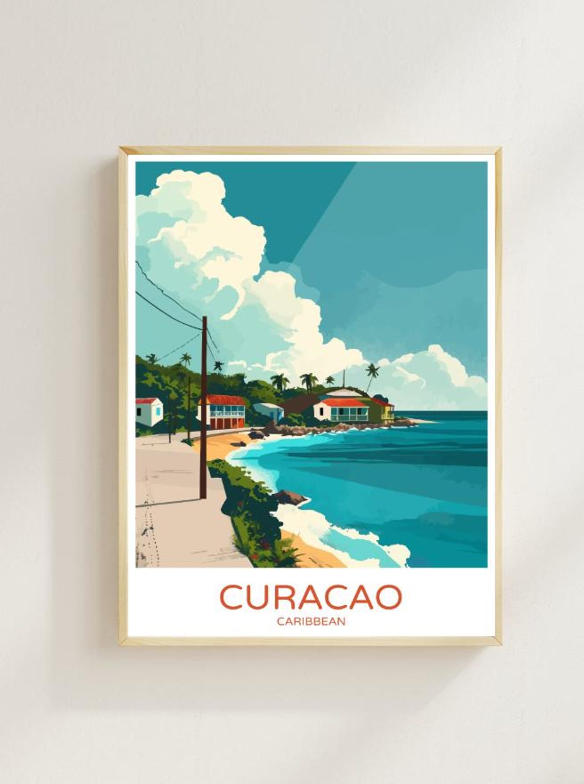 Curacao Caribbean Colorful Beachfront Houses Coastline Travel Poster