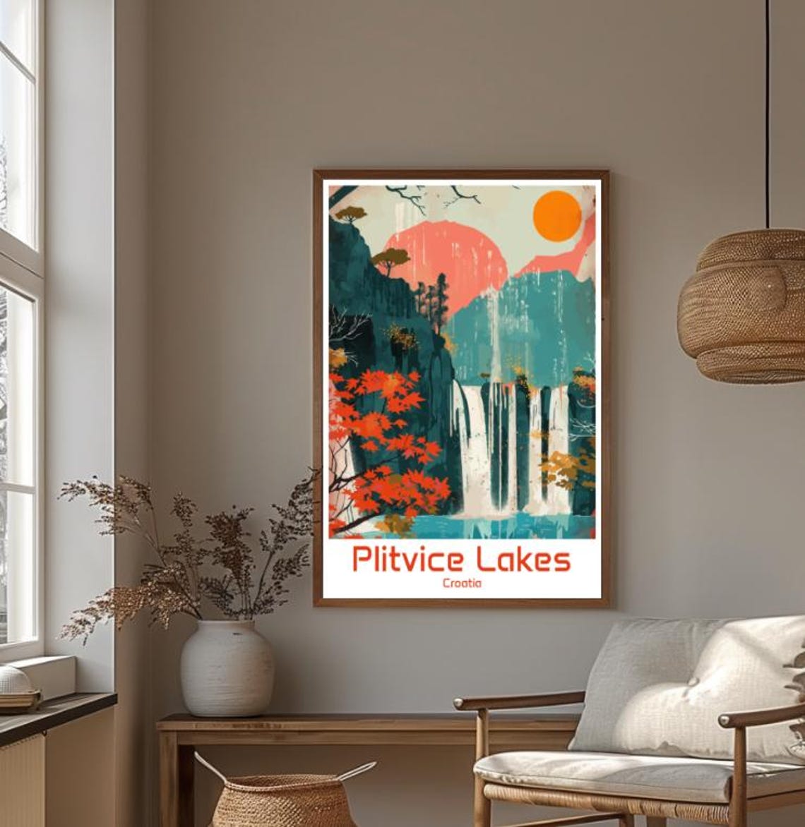 Plitvice Lakes Croatia Autumn Waterfalls Sunset Glow Scene Poster - Image 4
