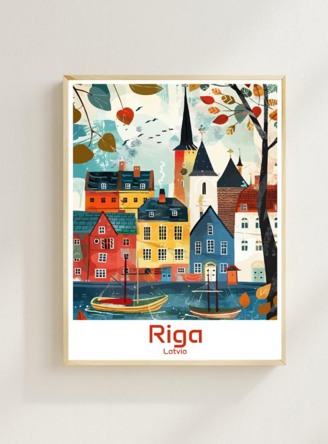 Riga Latvia Old Town Autumn Harbour Scene Illustrated Poster