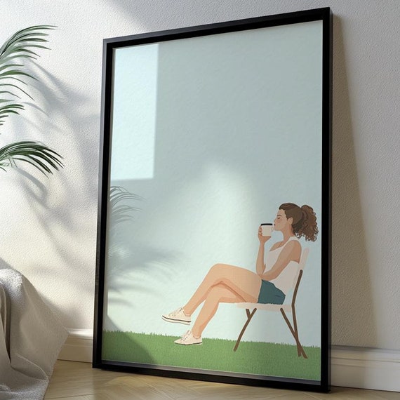 Mom Drinking Coffee Outside Print Funny Motherhood Kitchen Watercolor Illustration Mother Gift Decor Wife Wall Art