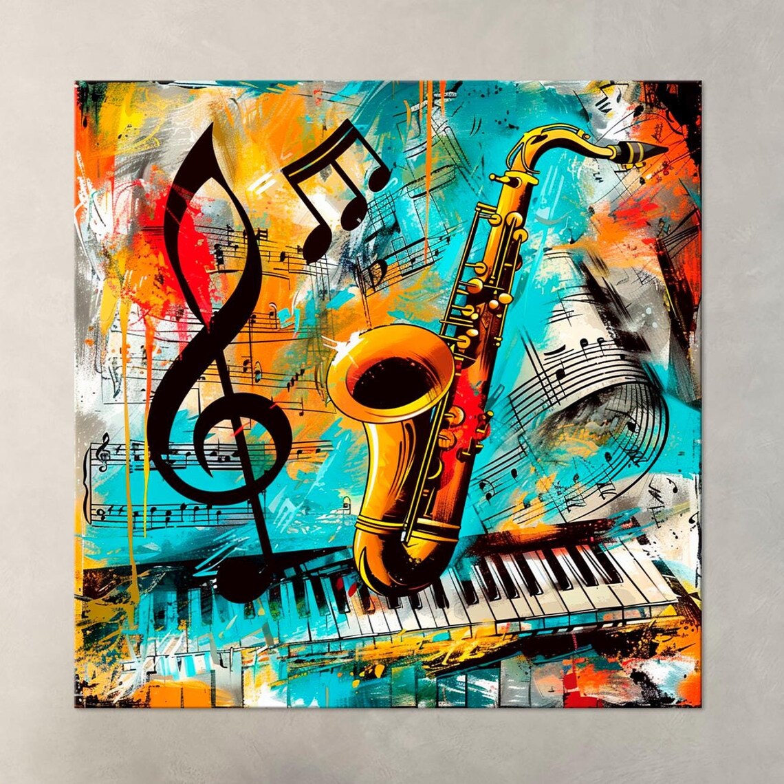 Golden Saxophone Music Notes Treble Clef Piano Keys Jazz Wall Art Print