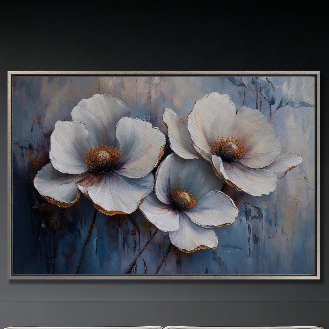 Elegant White Flowers Painting On Deep Blue Abstract Background Poster