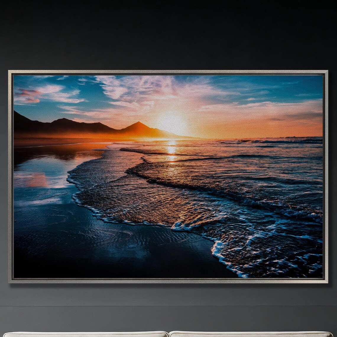 Beach Sunset Over Ocean Waves With Mountain Silhouette Art Poster