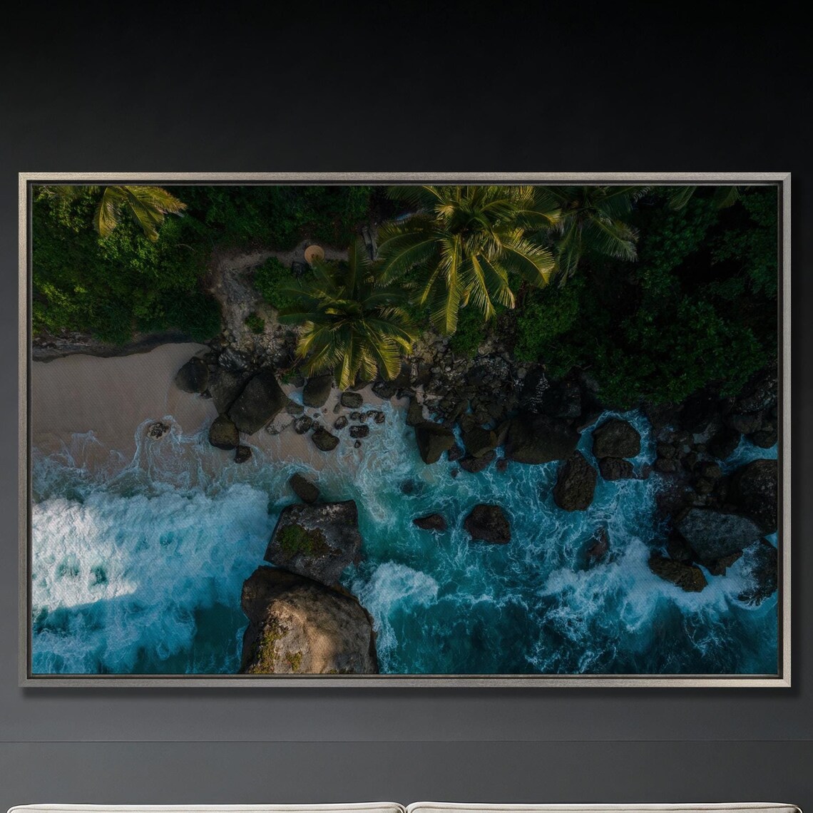 Aerial Drone View Of Rocky Beach Palms And Turquoise Waves Poster