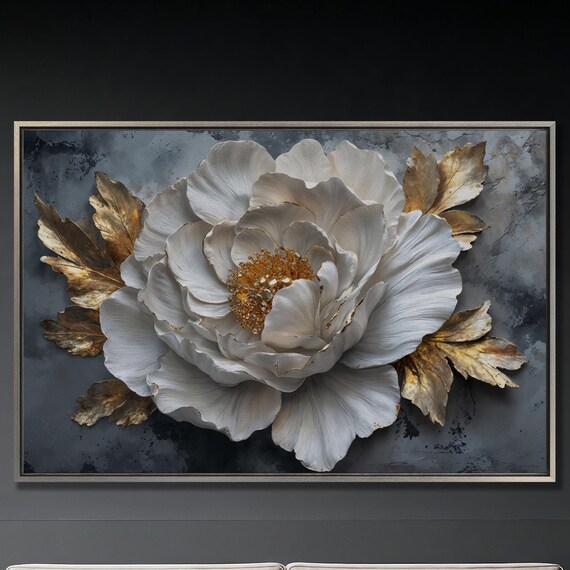 White Flower And Golden Leaves Wall Art Abstract Floral Painting Print Luxury Wall Decor Modern Botanical Poster Ready To Hang Gift