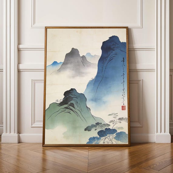 Japanese Blue Mountain Mist Art Print Vintage Minimalist Landscape Silhouettes Poster