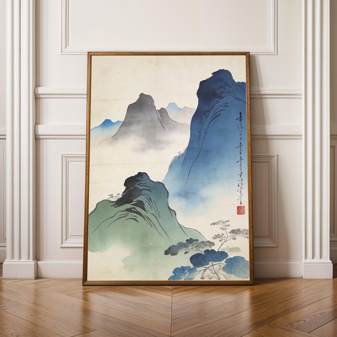 Japanese Blue Mountain Mist Painting Vintage Minimalist Landscape Art Print