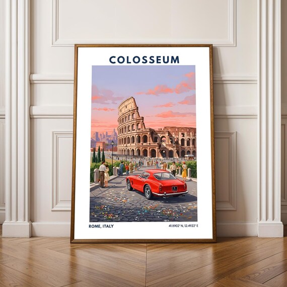 Colosseum Rome Italy Vintage Travel Poster Sunset Classic Car Landmark Art