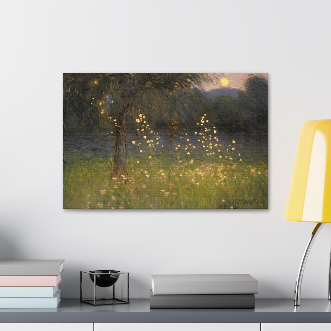 Fireflies at Twilight Moonlit Meadow Vintage Landscape Poster