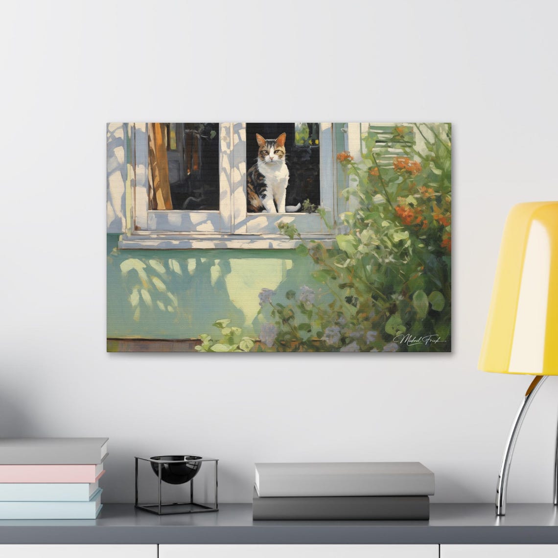 Sunlit Tabby Cat Sitting in Cottage Window Flower Art Poster