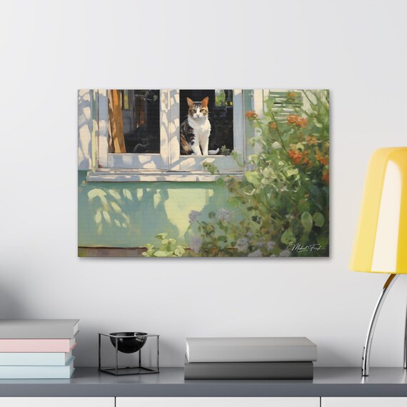Sunlit Tabby Cat Sitting in Cottage Window Flower Art Poster