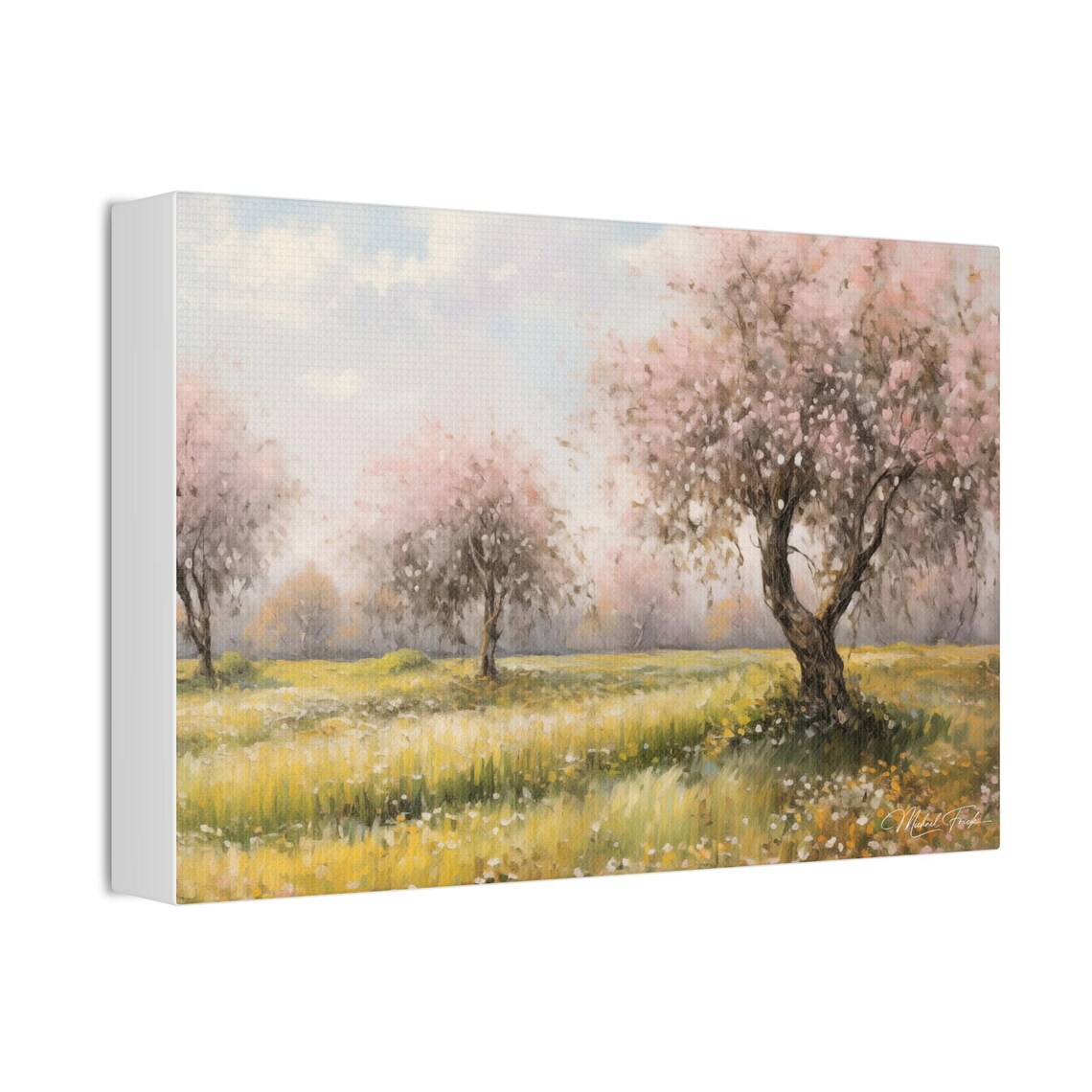 Blooming Cherry Trees Over A Golden Spring Meadow Art Poster - Image 3