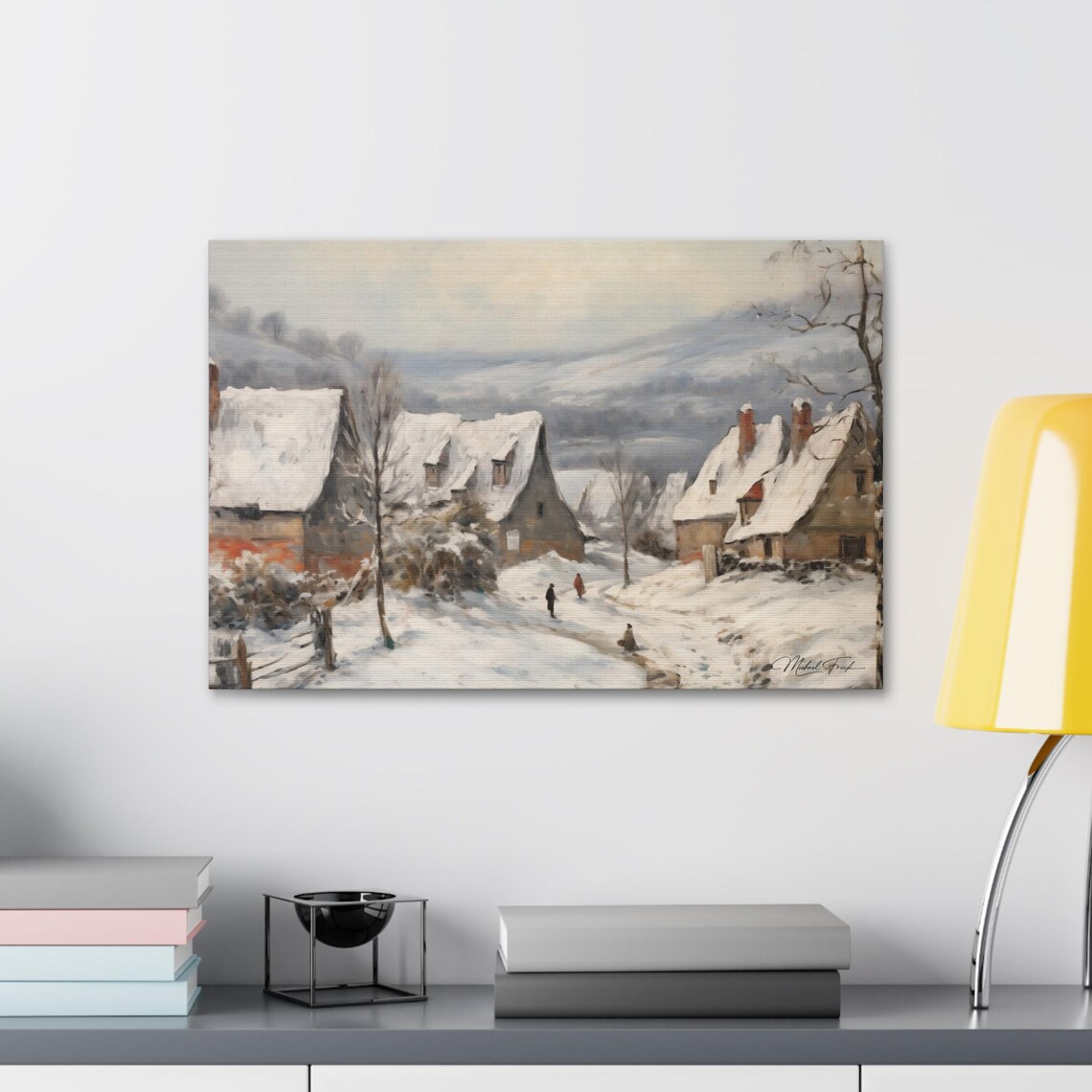 Snow Covered Village Winter Daytime Scene Landscape Art Poster