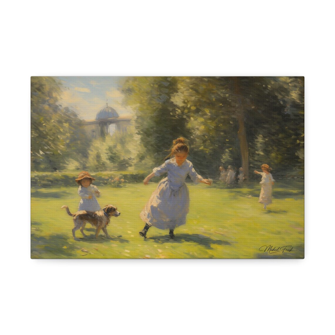 Children Playing With Dog Sunny Summer Park Scene Artwork Poster - Image 2