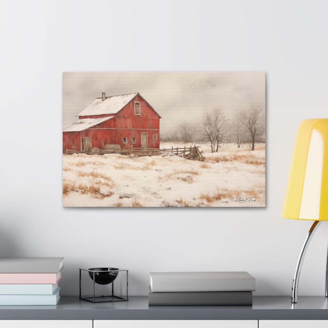 Red Barn in Falling Snow Winter Farmhouse Scene Painting Poster