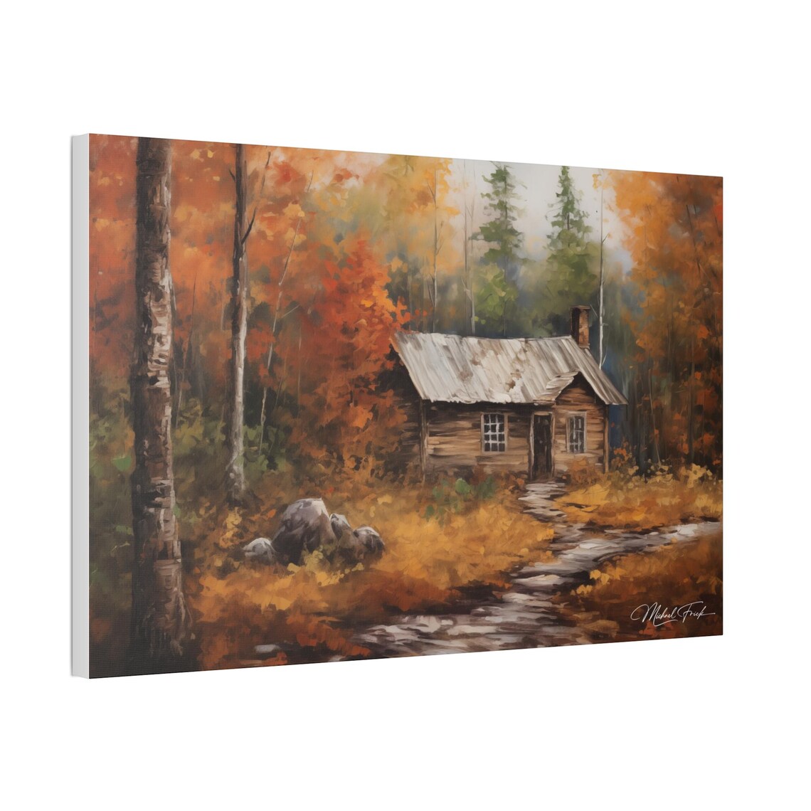 Cozy Log Cabin in Autumn Woods by Stream Fall Foliage Poster - Image 5