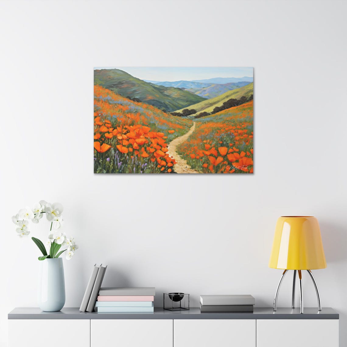 Orange California Poppies Covering A Hillside Valley Path Poster - Image 7