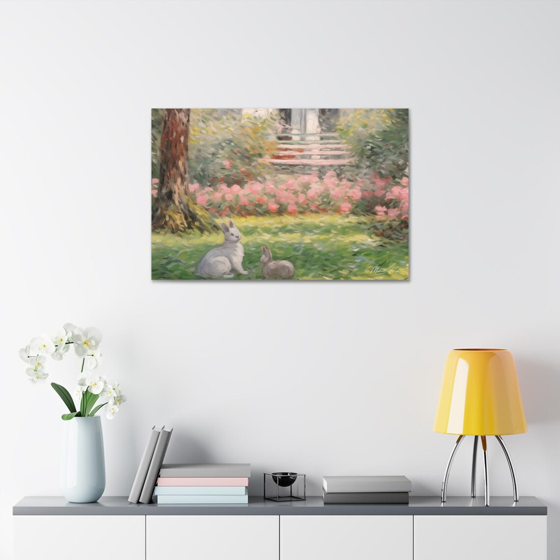 Two Rabbits Relaxing In A Flower Garden By A Cottage Wall Art - Image 7