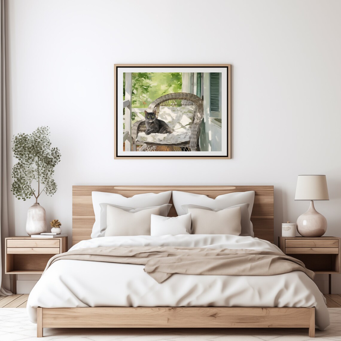 Gray Cat Resting On A Wicker Chair On A Sunny Summer Porch Poster - Image 4