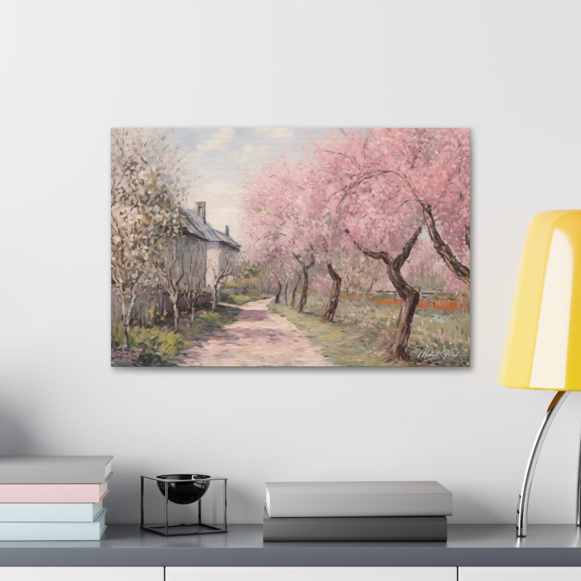 Cherry Blossom Path Winding Past Country Houses In Spring Wall Art