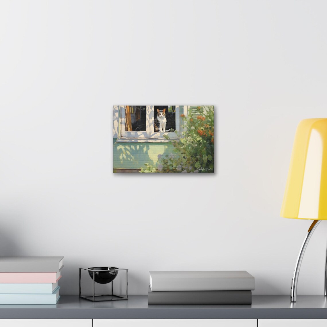Sunlit Tabby Cat Sitting in Cottage Window Flower Art Poster - Image 6