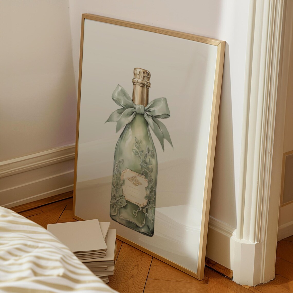 Sage Green Champagne Bottle Bow Cocktail Watercolor Art Bar Cart Print - Image 2