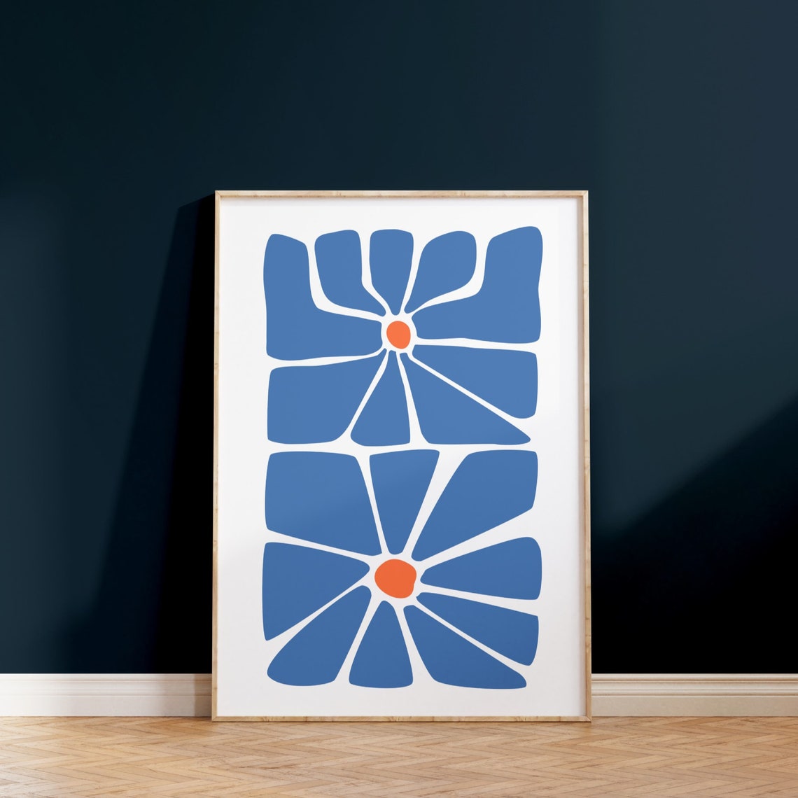 Blue Orange Abstract Flowers Retro Boho Botanical Modern Poster