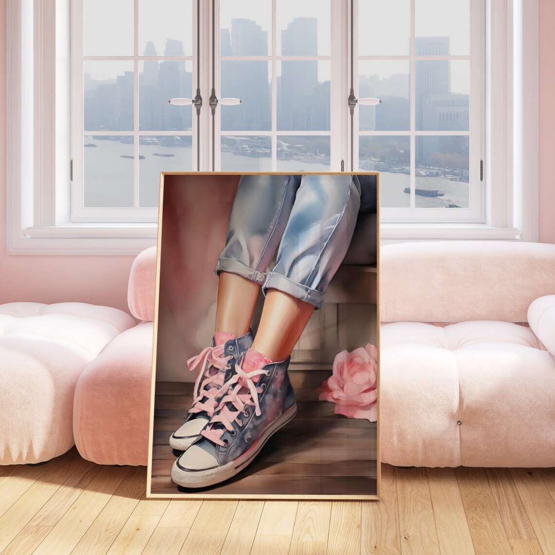 Cuffed Denim Jeans Blue Sneakers Pink Laces Rose Girl Art Poster - Image 3