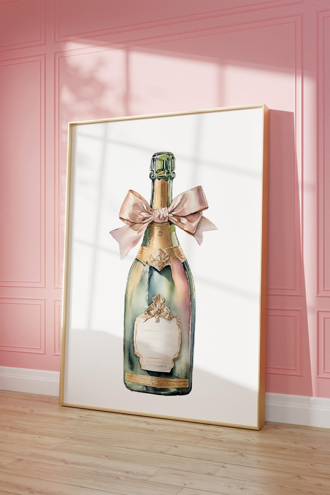Pink Champagne Bottle Blush Bow Watercolor Bar Cart Poster Art - Image 2