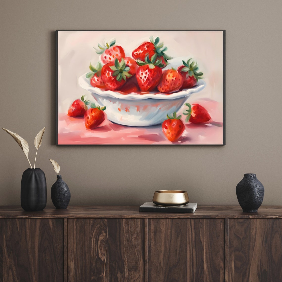 Juicy Strawberry Bowl Watercolor Pink Kitchen Fruit Art Poster - Image 2