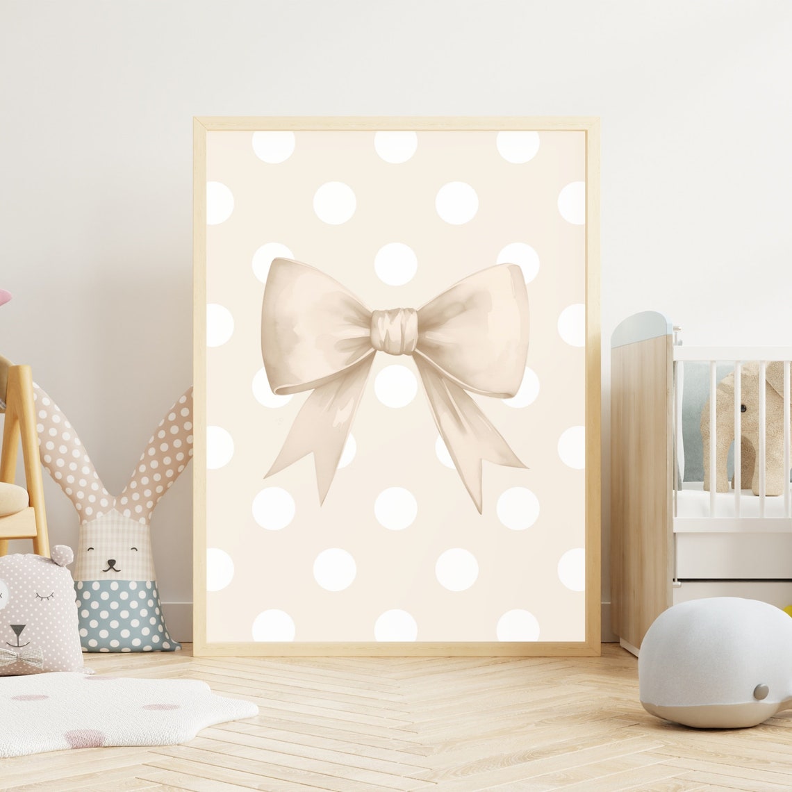Beige Bow on Cream Polka Dot Background Preppy Nursery Girls Art Print - Image 3
