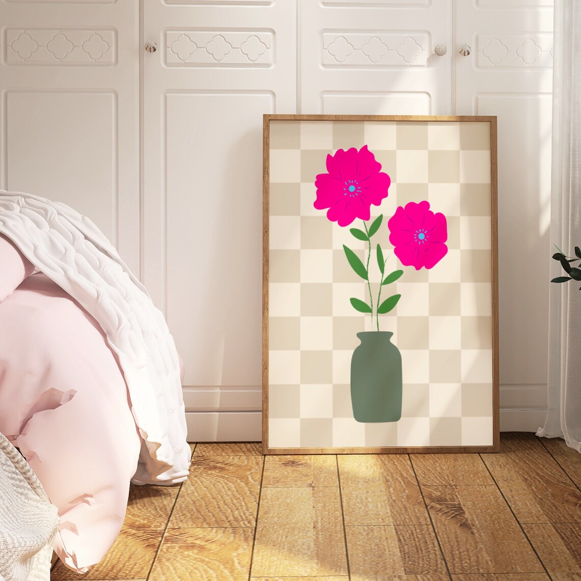 Pink Flowers in Sage Vase on Beige Checkered Retro Floral Art Print