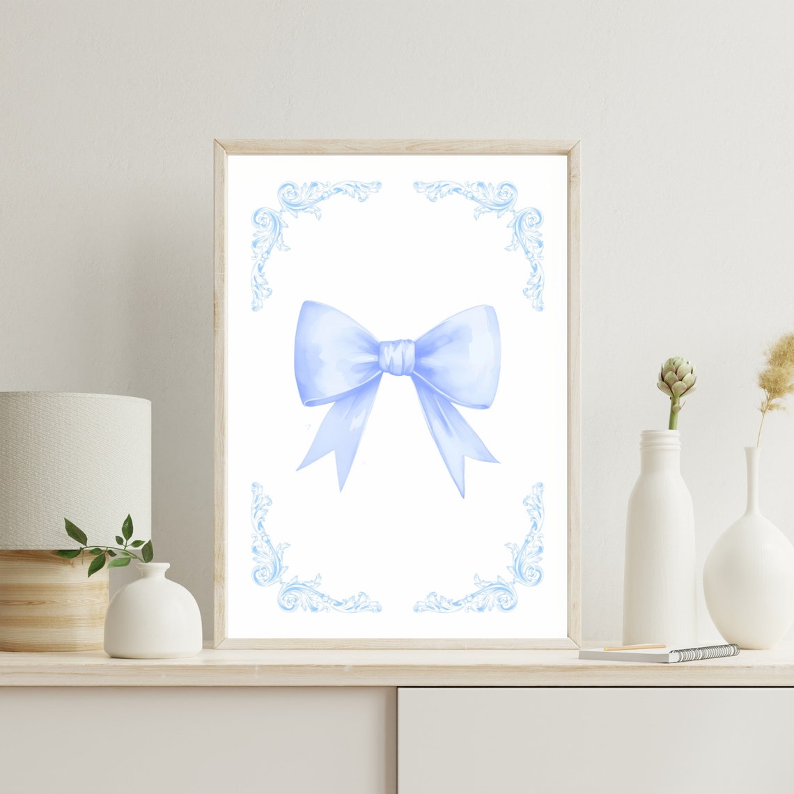 Light Blue Watercolor Bow with Corner Flourish Sky Blue Art Print - Image 2