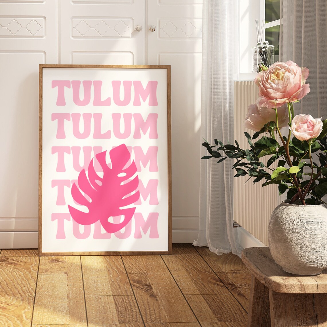 Tulum Pink Retro Lettering Monstera Leaf Beach Travel Style Poster