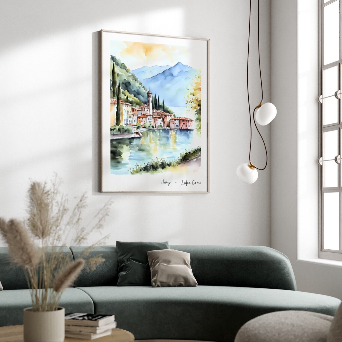 Italy Lake Como Watercolor Sunset Travel Village Landscape Poster - Image 3